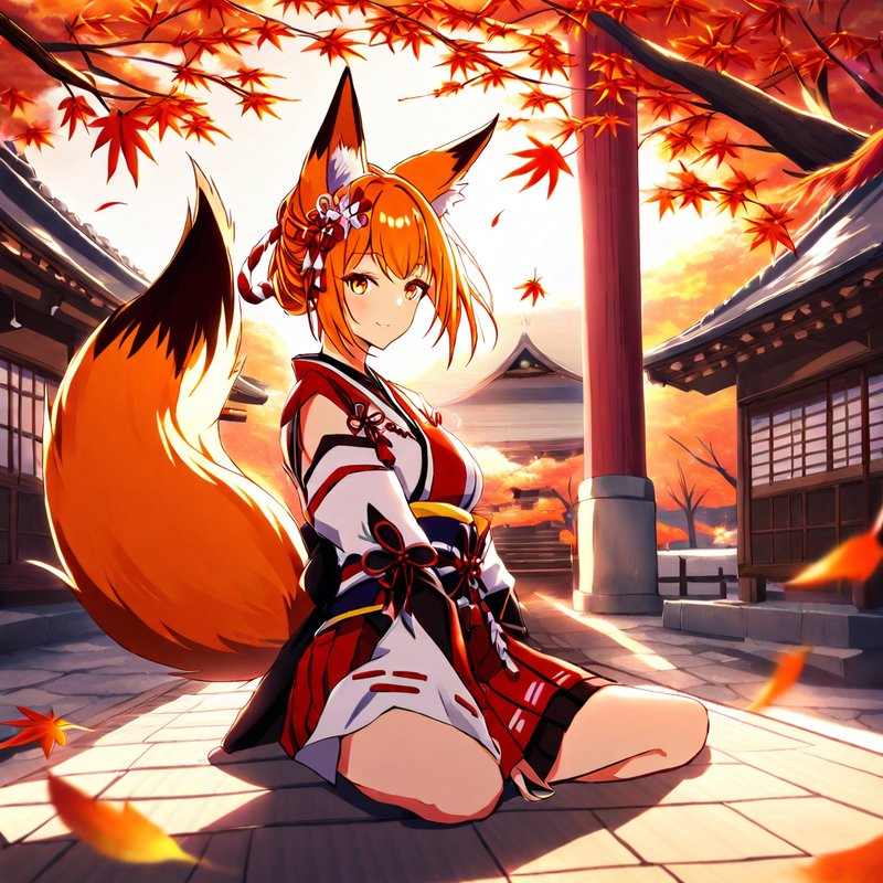 Fox-girl in a red kimono at a shrine amid falling autumn maple leaves