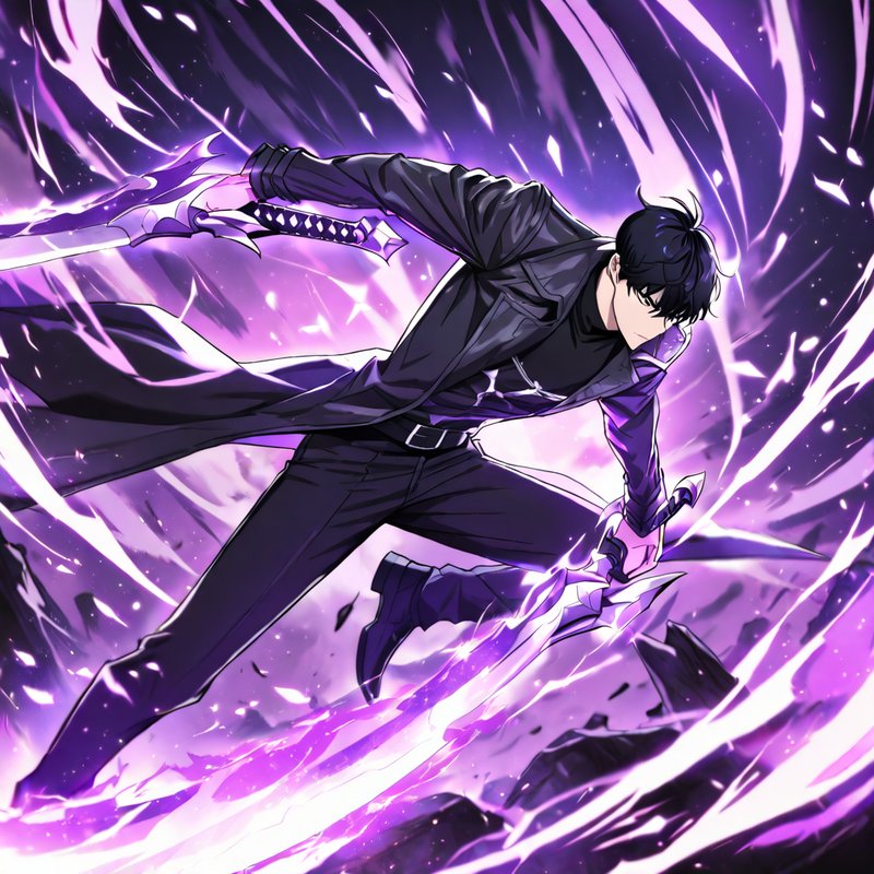 Swordsman leaping through crackling violet energy