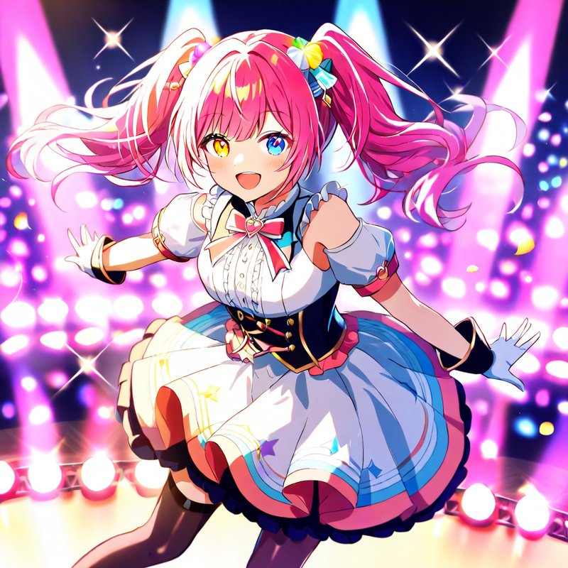 Pink-haired idol performing under colorful stage lights