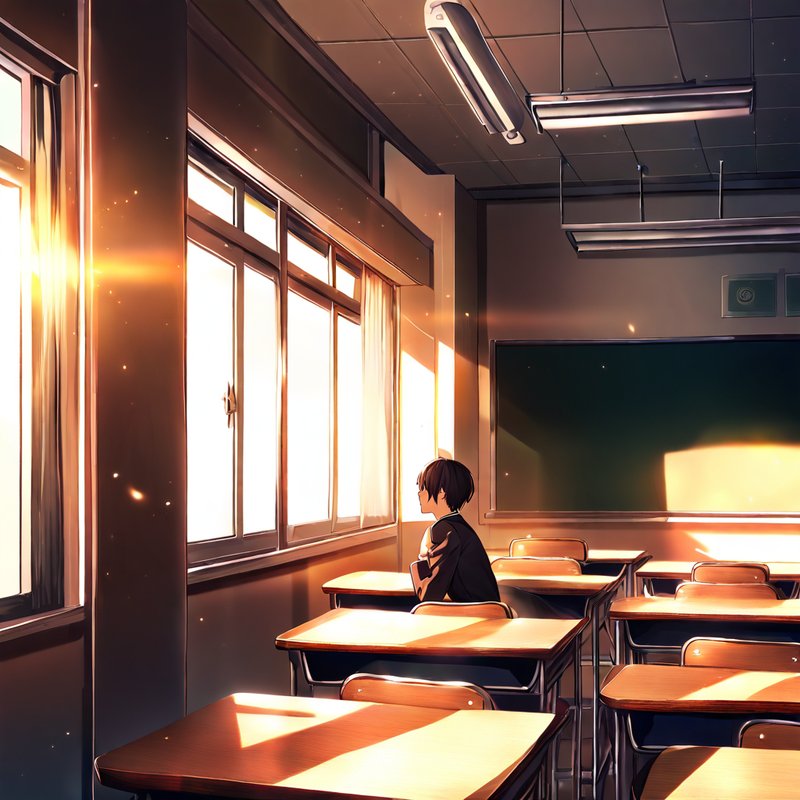Empty classroom bathed in golden sunset light