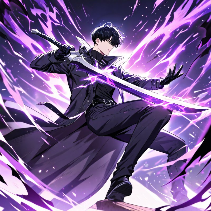 Swordsman wreathed in violet aura, blade drawn