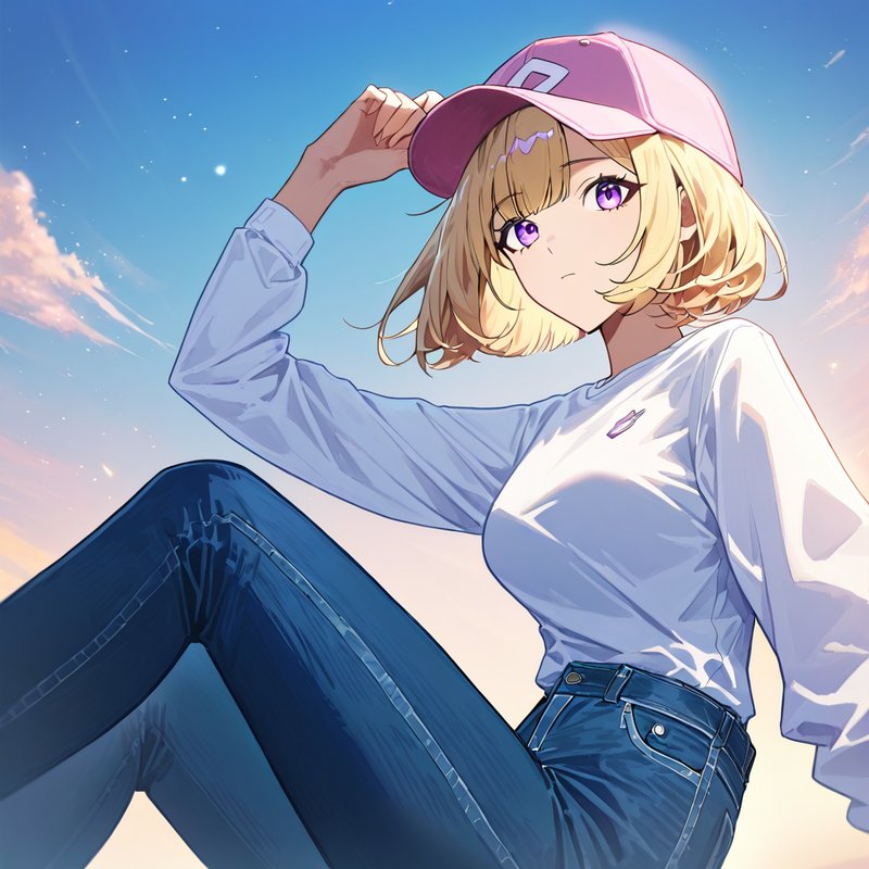 Casual girl in a cap and jeans against a clear blue sky